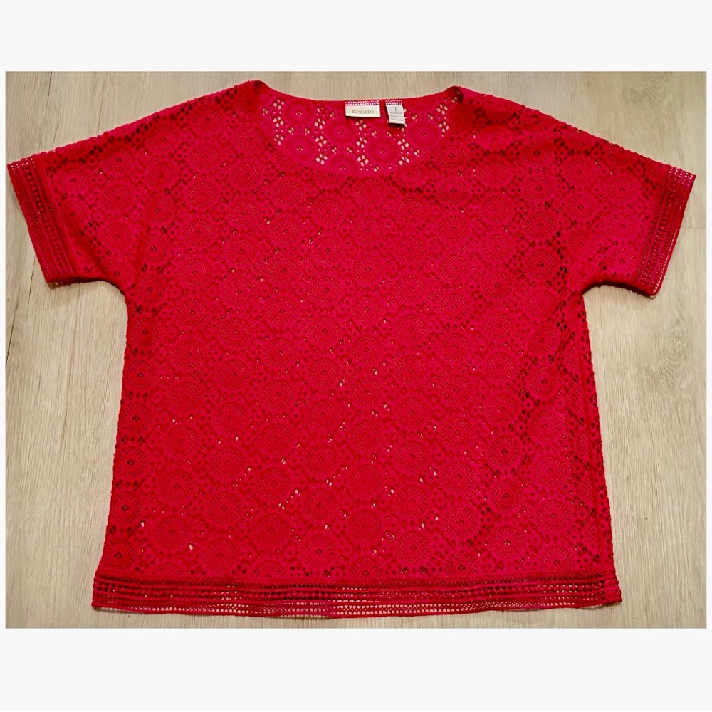 Chico’s Bright Pink Open Weave Lace Blouse, Size 1, Feminine & Elegant Top